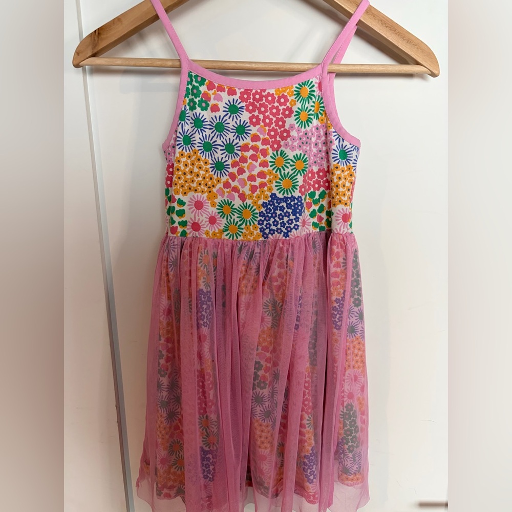 Hanna Andersson Pink Floral Knit Dress with Tulle Overlay size 6-7